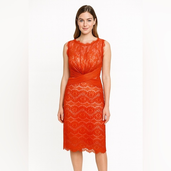 Tadashi Shoji Chantilly Lace Orange red lace sheath dress size 16 wedding formal - Picture 1 of 12